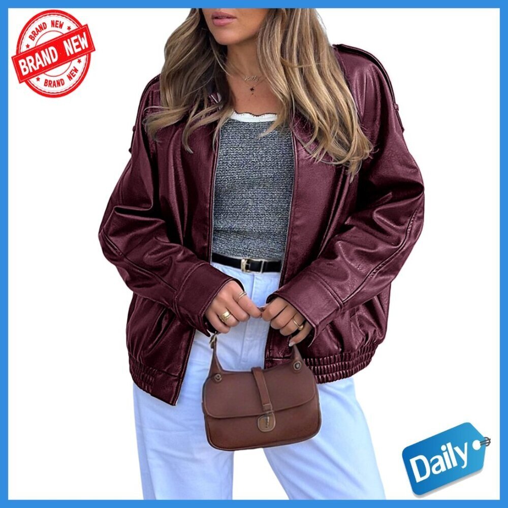 Oversized Faux Leather Bomber Jacket with Zip Closure and Pockets